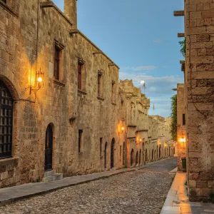 Inns at dusk, Street of the Knights, blue hour, Medieval Old Rhodes Town, UNESCO