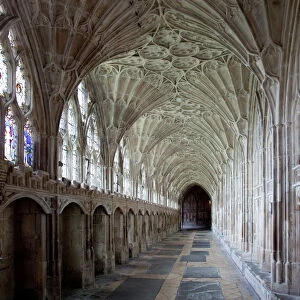 Interior of cloisters with fan vaulting, Gloucester Cathedral, Gloucester