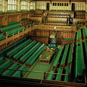 Interior of the Commons chamber, Houses of Parliament, Westminster, London