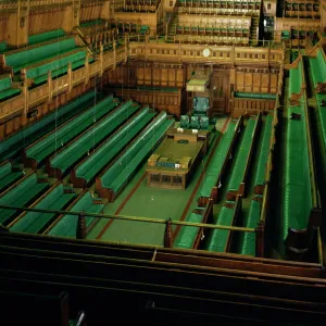 Interior of the Commons chamber, Houses of Parliament, Westminster, London