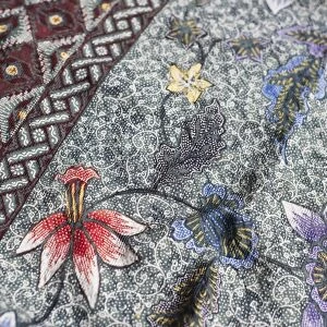 Intricate batik wax resist floral pattern on traditional Javanese sarong, Pekalongan, Java, Indonesia, Southeast Asia, Asia