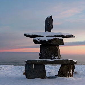 Inukshuk, Inuit stone landmark, Churchill, Hudson Bay, Manitoba, Canada, North America