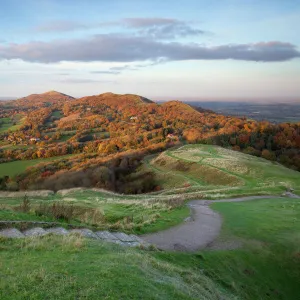 Iron-age British Camp hill fort and the Malvern Hills in autumn, Great Malvern, Worcestershire