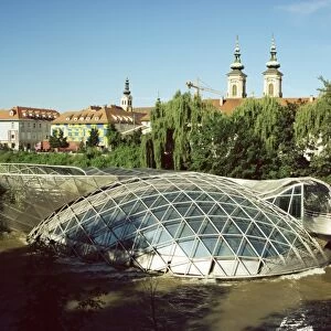 Island in the Mur River (Murinsel), walkways to an Open Mussel Theatre Space - Amphitheatre, architect Vito Acconci, Graz, Styria