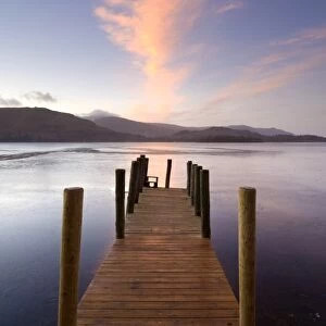 Jetty and Derwentwater at sunset, near Keswick, Lake District National Park