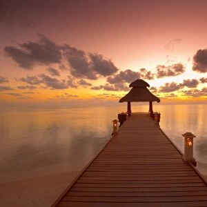 Jetty at sunset, island on North Male Atoll, Maldives, Indian Ocean, Asia