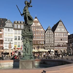 Justitia Fountain at Roemerberg square, Frankfurt, Hesse, Germany, Europe