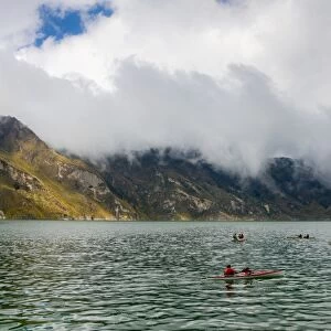 Kayaks at Quilotoa, a water-filled caldera and the most western volcano in the Ecuadorian Andes