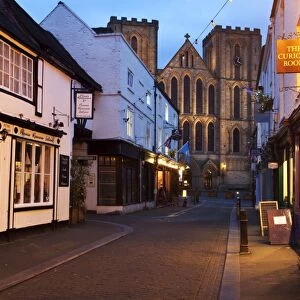 Kirkgate and The Cathedral at dusk, Ripon, North Yorkshire, Yorkshire, England, United Kingdom, Europe