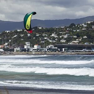 Kite surfer with airport in background, Lyall Bay, Wellington, North Island, New Zealand, Pacific