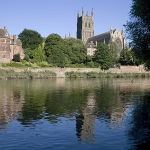 Kleve Walk with Cathedral on East bank of River Severn, Worcester, Worcestershire, England, United Kingdom, Europe