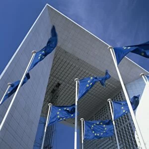 La Grande Arche and EU flags, La Defense, Paris, France, Europe