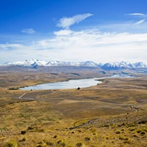Lake Alexandrina and snow capped mountains in Canterbury, South Island, New Zealand, Pacific