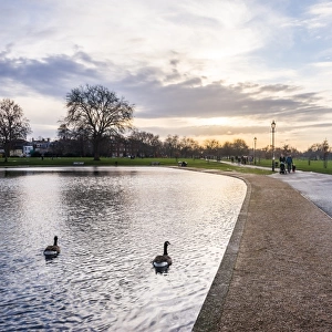 Lake, Clapham Common at sunset, Lambeth Borough, London, England, United Kingdom, Europe
