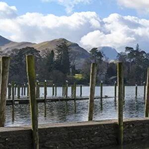 Lake Derwentwater, Catbells, Brandlehow, Causey Pike and Grisdale Pike, from the boat landings at Keswick, North Lakeland, Lake District National Park, Keswick, Cumbria, England, United Kingdom, Europe