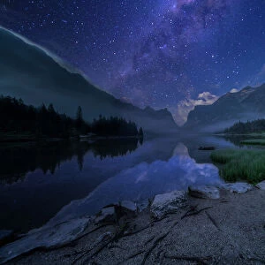 Lake Dobbiaco by night in summer, Sud Tirol, Italy, Europe