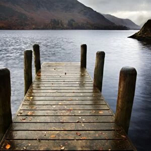 Landing stage in autumn at Mossdale Bay, Ullswater, Lake District National Park, Cumbria, England, United Kingdom, Europe