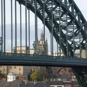 Lantern of the Cathedral Church of St. Nicholas, through the Tyne Bridge, Newcastle upon Tyne, Tyne and Wear, England, United Kingdom, Europe