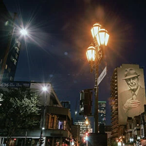 Leonard Cohen Mural at night, Downtown Montreal, Quebec, Canada
