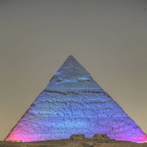 Light Show, Sphinx, Khafre Pyramid in the background, Great Pyramids of Giza