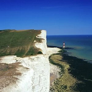 Lighthouse and chalk cliffs of Beachy Head near Eastbourne from the South Downs Way