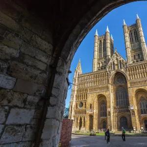 Lincoln Cathedral viewed through archway of Exchequer Gate, Lincoln, Lincolnshire