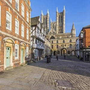 Lincoln Cathedral viewed from Exchequer Gate with red telephone visible, Lincoln