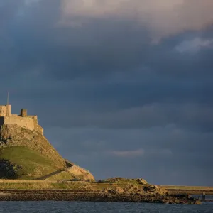 Lindisfarne Castle bathed in afternoon sunlight against a stormy sky, Holy Island