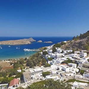 Lindos and the acropolis, Rhodes, Dodecanese, Greek Islands, Greece, Europe