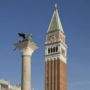 The Lion Column and the Campanile, St. Marks Square, Venice, UNESCO World Heritage Site