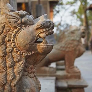 Lion statues outside Gorakhnath Temple at Pashupatinath Temple, UNESCO World Heritage Site, Kathmandu, Nepal, Asia