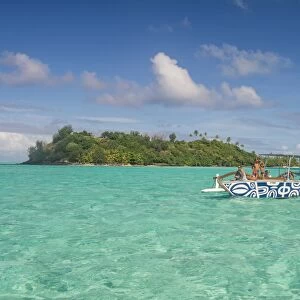 Little boat in the turquoise lagoon of Bora Bora, Society Islands, French Polynesia