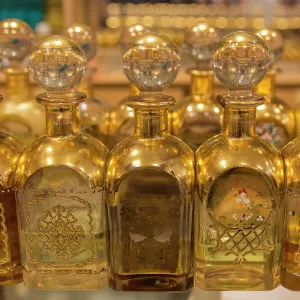 Local frankincense perfumes in ornate gold and glass bottles, Al-Husn Souq, Salalah