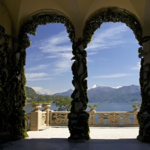 Loggia and gardens of the Villa del Balbianello on Punta di Lavedo in spring sunshine, Lenno, Lake Como, Italian Lakes, Italy, Europe