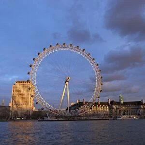 London Eye, River Thames, and City Hall from Victoria Embankment at sunset, London, England, United Kingdom, Europe