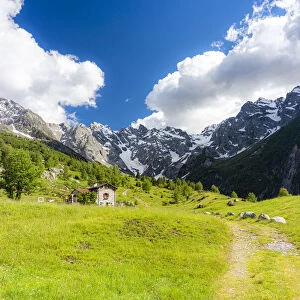 Lonely traditional hut in a wild alpine valley, Val d Arigna, Orobie, Valtellina, Lombardy, Italy, Europe