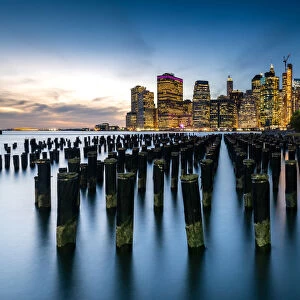 Long exposure of the lights of Lower Manhattan during the evening blue hour as seen