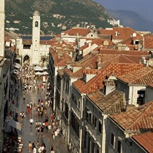 Looking down the main street (Placa) to clock tower, Dubrovnik, Croatia, Europe