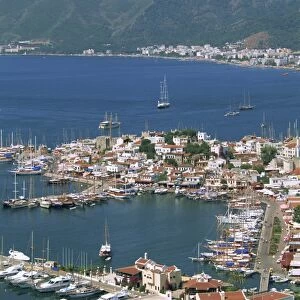 Low aerial view over the harbour and town of Marmaris