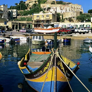 Luzzu fishing boat, Mgarr harbour, Gozo, Malta, Mediterranean, Europe