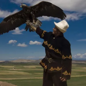 Man with his goshawk, Kyrgyzstan, Central Asia, Asia