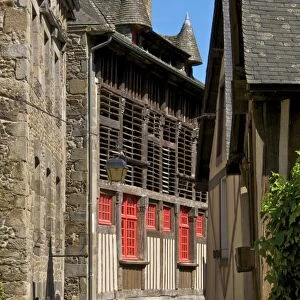 Mansions and ancient barn dating from the 16th century on Jerzual street, with tourists, Old Town, Dinan, Cotes d Armor, Brittany, France, Europe