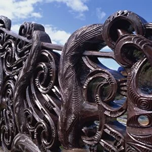 Maori carving, bow of a canoe, Okahu Bay, Auckland, North Island, New Zealand, Pacific