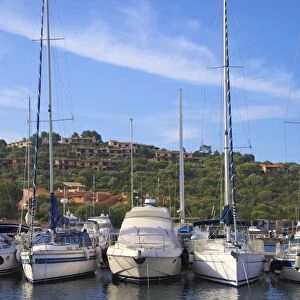 Marina and perched village, Ottiolu harbour, Costa Degli Oleandri, Sardinia, Italy
