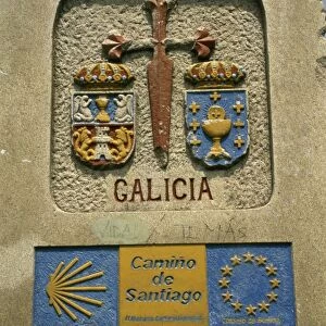 Marker at Leon and Galicia border on the Camino, O Cebreiro, Galicia, Spain, Europe