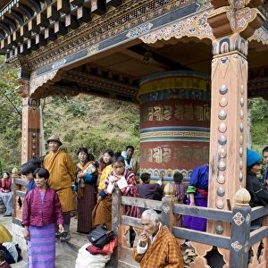 Market around giant prayer wheel, Trongsa, Bhutan, Asia