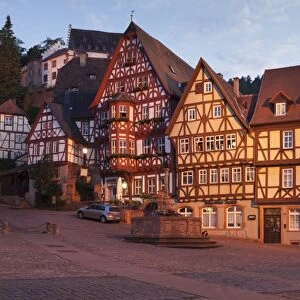 Market Square with half-timbered houses and Mildenburg Castle, old town of Miltenberg