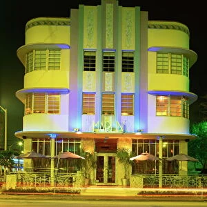 The Marlin Hotel illuminated at night, Ocean Drive, Art Deco District, Miami Beach