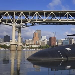 Marquam Bridge over the Willamette River and the US Submarine Blueback at the OMSI Museum