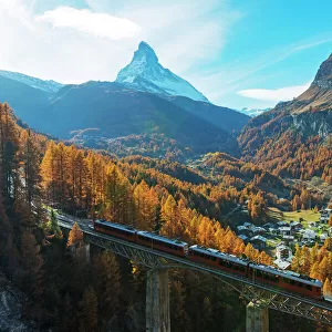 The Matterhorn, 4478m, Findelbach bridge and the Glacier Express Gornergrat, Zermatt
